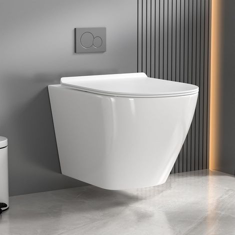 WC Suspendu Sans Bride, Toilette Suspendu Mural en Céramique, WC Sans Rebord avec à Softclose, Chasse d'Eau Tornado, Toilette Murale Cuvette à Chasse d'eau Profonde pour la Salle de Bain (1/5)