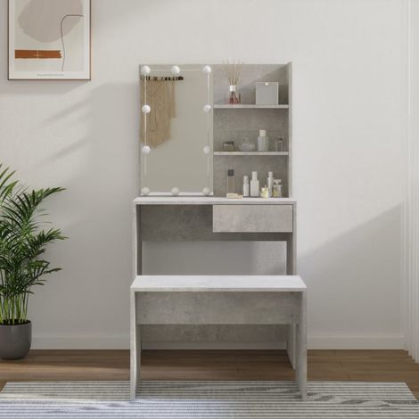 Ensemble de coiffeuse et Miroir + tabouret avec LED,Style Moderne Gris béton Bois d'ingénierie -BV11668 (1/5)