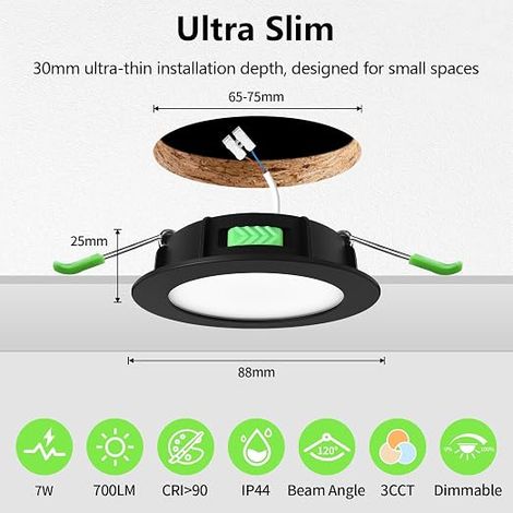 Spot LED Encastrable 68mm, 7W Spots de Plafond Encastre Extra Plat 2700K/4000K/6500K Réglable, IP44 Spot Salle de Bain LED pour Salon Cuisine, Rond Noir (1/4)