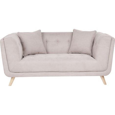 Sofá 2 plazas de tela con cojines decorativos patas de madera capitoné estilo retro gris pardo Habo