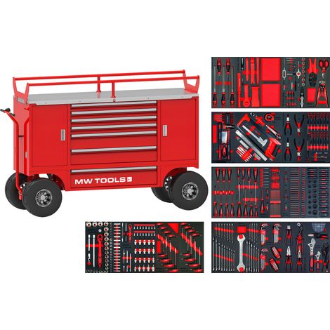 Servante d'atelier robuste avec support pneus - 7 tiroirs - Grandes roues avec freins à disque - Set de 514 outils MW Tools MWE512M3 (1/5)