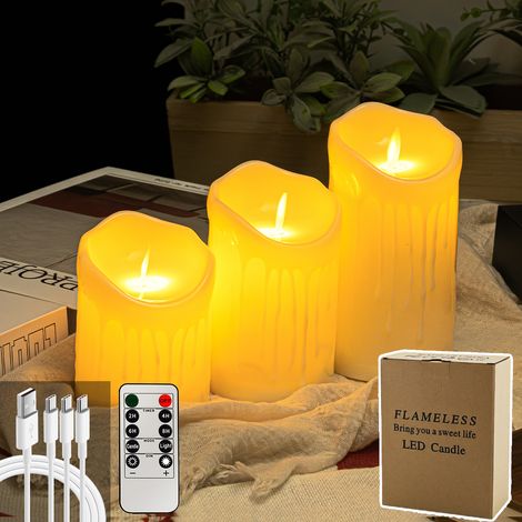 3 Bougies Pilier LED Sans Flamme avec Mèche Mobile, Télécommande et Minuterie, Effet Vacillant, Rechargeables USB (1/4)