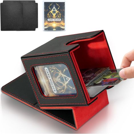 Boîte de rangement pour cartes MTG Commander, boîte de rangement pour cartes à collectionner, étui magnétique en cuir PU, peut contenir 100 TCG cartes à double couche, noir et rouge (1/5)