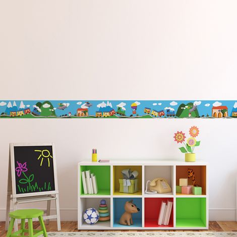 Frise adhésive décorative pour chambre d'enfant, petit train et animaux volants, 15 cm X 300 cm. Autocollante et illustrée. (1/2)