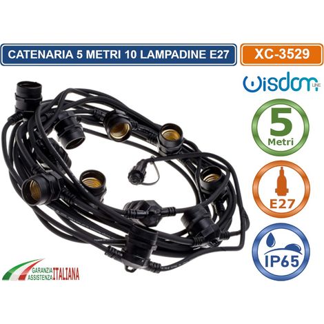 Catena di luci lineare 5 metri per 10 lampadine E27 IP54 Nera Wisdom