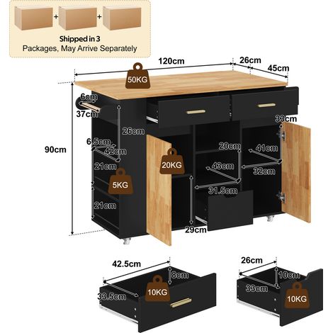 Isla de cocina 120x71x90 cm de MDF negro y natural, plegable, ahorra espacio - MEUBLIV (1/5)