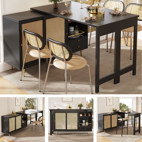 Tavolo da bar girevole a 360° (corpo principale: 107 x 40 x 71,4 cm), tavolo da bar allungabile di design, nero, mobile contenitore con anta in rattan + ripiano a giorno, adatto per cucina e sala da p (1/5)