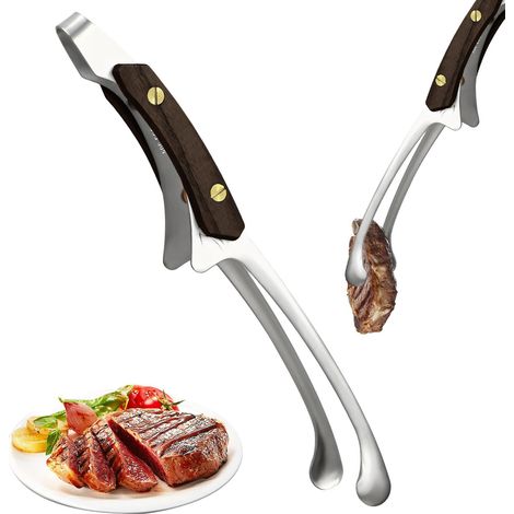 Pince Barbecue 25,5 cm, Conception à Double Pied Pince à Viande Cuisine Argent, Multifonction Pinces Cuisine Antidérapante, Pinces Patisserie avec Manche en Bois, pour Grillades, Extérieur (1/5)