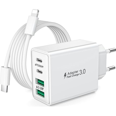 Chargeur USB C, 40W 4 Port Prise Chargeur iPhone Rapide Multiple Prise USBC avec 2M Cable USB C pour iPhone 14 13 12 11 Pro Max Plus X/XS/XR SE, Samsung, Prise USBC et Cable C-to Lightning (1/5)