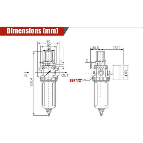 Régulateur de pression d'air comprimé 1/2' BSP – Filtre avec manomètre – Élimine particules et condensats – Aluminium durable (1/4)
