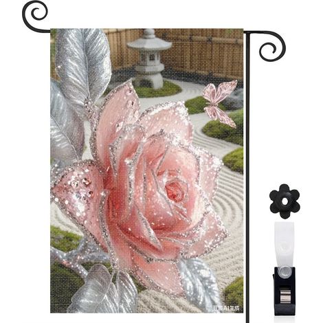 Bannière de cour feuilles argentées et rose 30 x 45 cm décoration porche et maison (1/5)