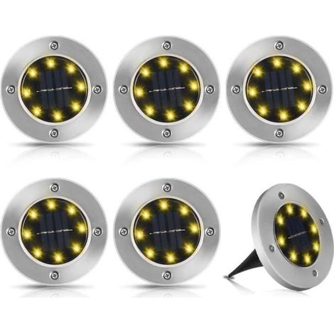 Lot de 6 lampes solaires de jardin - [MARQUE] - 8 LED en acier inoxydable - Blanc Chaud (1/4)
