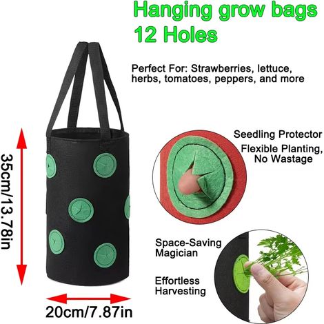 (Tissu noir 12 trous, 1 pièce) Sacs de culture suspendus pour fraises et tomates - Jardin vertical - Pot de culture pour fraisiers - Tour aéroponique (1/4)