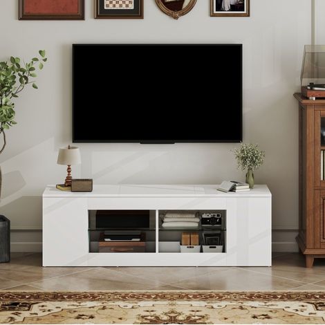 Mueble TV 140 cm con 6 compartimentos, 2 estantes de vidrio, aglomerado, blanco REDOM (1/5)