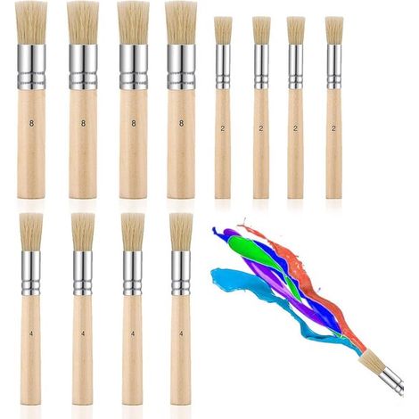 Lot de 12 pinceaux ronds pour pochoirs, en poils naturels, 3 tailles pour peinture acrylique et à l'huile (1/5)