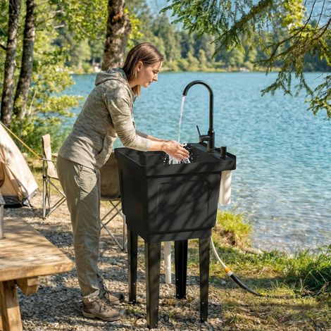 Évier de camping portable avec distributeur de savon, robinet, tuyaux d'arrivée et d'évacuation d'eau, noir