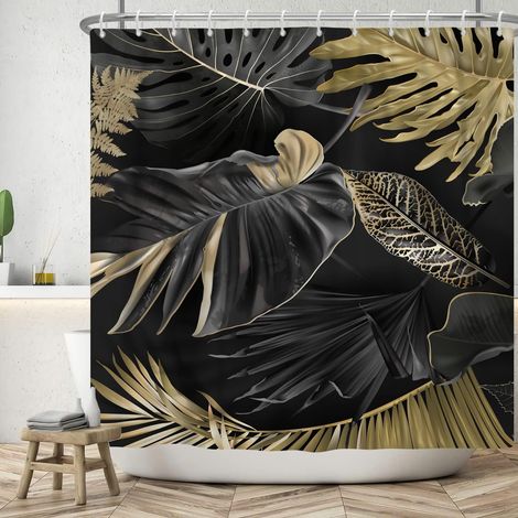 180x200cm Rideau de Douche Feuille de Palmier avec Crochet Noir Plante Tropicale Feuille Rideau de Salle de Bain Jungle botanique Moderne Rideaux de Douche Rideau de Baignoire étanche (1/5)