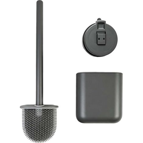 Brosse WC Silicone Plate et Flexible, Balai Toilettes WC avec Support à Séchage Rapide, Fixation Murale sans Perçage ou au Sol, Fixation par Ventouse, Nettoyage pour Salle de Bain (Gris Acier) (1/5)