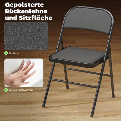 Lot de 2 fauteuils pliants, sièges de travail portables, piètement métallique, parfaits pour le bureau, l'accueil ou la salle d'attente, garniture en cuir synthétique noir. (1/4)