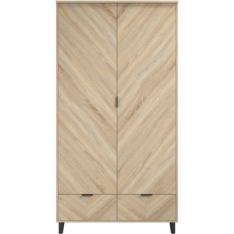 Stockholm Chevron 2 Door Wardrobe - Engineered Wood - L58 x W100 x H190 cm - Sonoma Oak/Black Matte