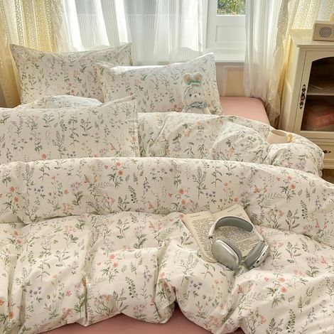 Parure de lit en coton 135x200 Blanc Vert Motif de petites fleurs Fleurs Petits fleurs florales Botanique Prairie de fleurs Motif floral Housse de couette avec fermeture éclair et taie (1/5)