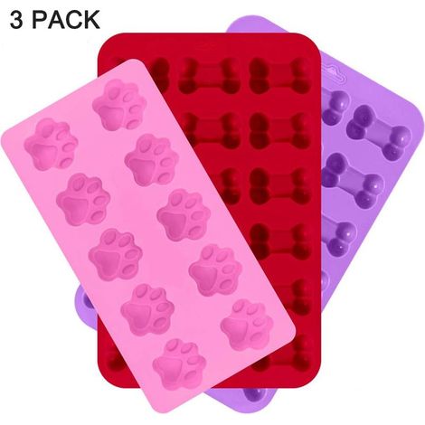 Ensemble de 3 moules à glace en silicone en forme de patte de chiot et d'os, réutilisables pour la cuisson du chocolat et des bonbons, compatibles four et congélateur - rose, rouge, violet (1/5)