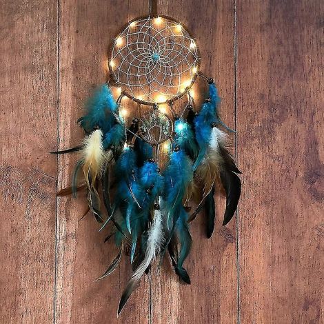 Attrape-rêves Arbre de Vie Bleu avec Plumes, Guirlande Lumineuse LED Mobile Fait Main Indien Traditionnel Filet Circulaire (1/5)