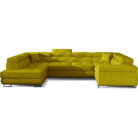 Canapé convertible convertible TOVY tissu - Rangement et têtières réglables à gauche-Jaune olive-Coffre à gauche (1/5)