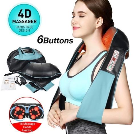 (Blau) 3D-Rotations-Schulter- und Nackenmassagegerät mit 16 Massageköpfen und Wärmefunktion für Rücken, Schultern, Halswirbelsäule und Beine – MARKE (1/4)