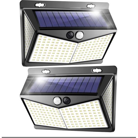 Lot de deux lampes solaires extérieures 208 LEDs, détecteur de mouvement, lampe murale super lumineuse 270° IP65 étanche 1500mAh solaire pour cour, garage, jardin - 2 packs [Classe énergétique D].