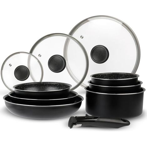Batterie de Cuisine Aluminium 10 Pièces : 3 Poêles Ø20,24,28 cm + 3 Casseroles Ø16,18,20 cm + 3 Couvercles Verre Ø16,20,24 cm + manche amovible, Tous feux dont induction (1/5)