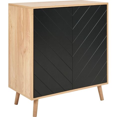 Credenza scandinava in MDF impiallacciato in legno a 2 ante con ripiani per la camera da letto Soluzione di archiviazione in legno nero e chiaro Bristow