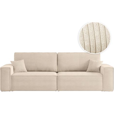 Loungitude – Canapé convertible 3 places en velours côtelé – Dossier basculant – Coffre de rangement – 2 coussins d'appoint – Beige (1/5)