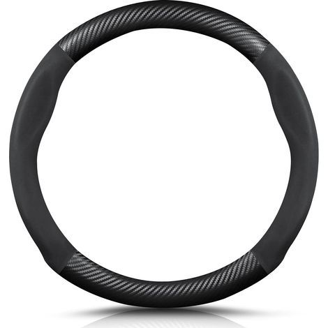 Round Shape Carbon Fibre & Microfibre PU Leather Steering Wheel Cover Non-Slip Car Steering Wheel Cover Breathable Sport Car Steering Wheel Cover for Diameter 38 cm (15 Inches) - Black (1/4)