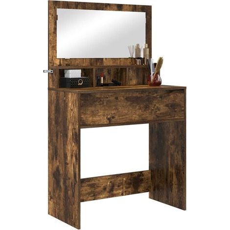 Table de Maquillage en Chêne Fumé avec Miroir, Coiffeuse Moderne 80 x 39,6 x 135 cm pour Chambre, Meuble de Rangement Élégant (1/5)