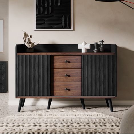 Buffet meuble rangement 117,5 cm noir bois 3 tiroirs OKMYHOME (1/5)
