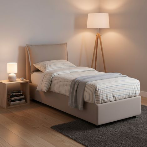 Talamo Italia Letto singolo Rossella, Letto contenitore con rivestimento in tessuto, 100% Made in Italy, Apertura frontale, con materasso Cm 80x200 incluso, Tortora, con imballo rinforzato (1/5)