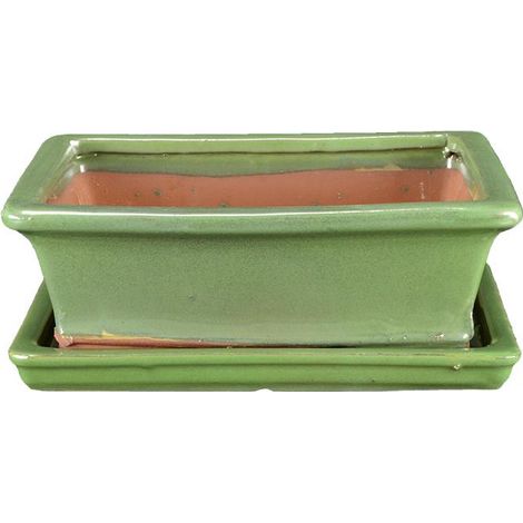 Vaso + sottovaso per bonsai rettangolare in gres smaltato verde 27x20x8 cm - GA5VS (1/5)