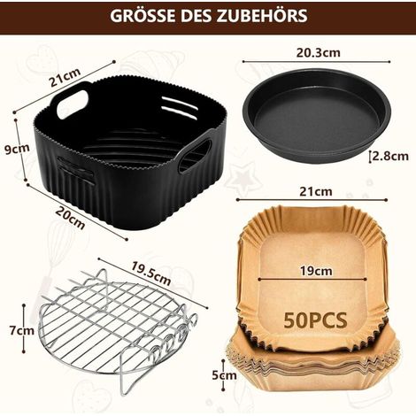 21CM Accessoires Air Fryer Compatible pour Philips XL 6,2L, COSORI 5,5L 4,7L, Cecotec 5,5L 6L, 4PCS Réutilisable Moule Silicone Air Fryer, Plateau à pizza, Grille, Papier Cuisson Air Fryer (1/5)
