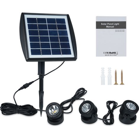 Ortviai Projecteur LED Solaire RGB sous-marin 3 têtes pour bassin, fontaine et jardin – IP68, 2200 mAh, noir