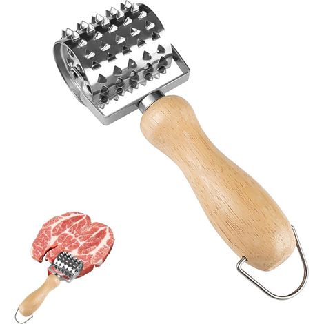 1 Attendrisseur De Viande, Acier Inoxydable, Manche En Bois, Tête Pivotante 360°, Pour Cuisine (1/5)