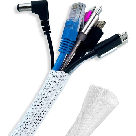 Organizador de cables, funda trenzada de PET de 3 m con enrollado automático, color blanco, para ordenador, TV, coche y oficina. (1/5)