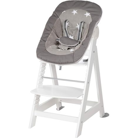 Chaise Haute Évolutive en Bois Blanche Born Up 2en1 + Transat Inclinable Little Stars - Hauteur Réglable - dès Naissance jusqu'à 70 kg (1/3)