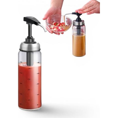 Distributeur d’huile d’olive en verre 300 ml avec pompe, graduation et embout large, acier inoxydable 304, 23,5 x 6 cm, noir (1/5)
