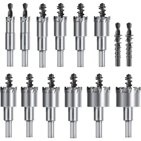 Kit de 14 scies cloches TCT de 12,7mm - 54mm - Scie Cloche En carbure de tungstène Pour métal, acier inoxydable, fer, bois, plastique - Avec 2 forets pilotes supplémentaires (1/4)