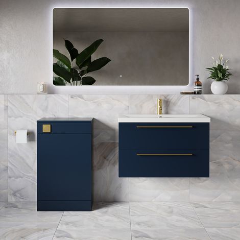 Napoli 390 Deep Blue 1300mm Wall Mounted 2 Drawer Vanity Unit and Toilet Suite with Glide Basin - 1300mm - Brushed Brass 480mm HandleWithout Kingston Toilet Pan