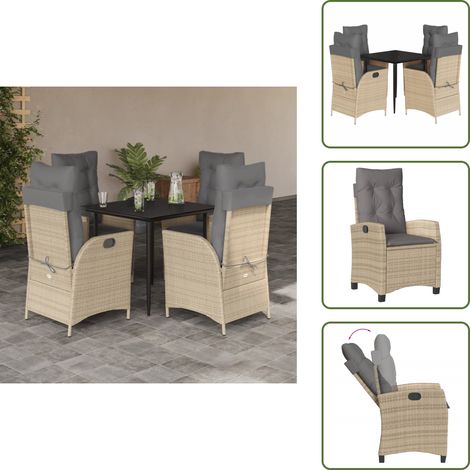The Living Store Set da Pranzo da Giardino 5 pz con Cuscini Beige in Polyrattan - Sedie da giardino reclinabili