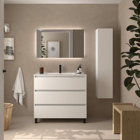 Meuble de salle de bain BEQUIA 3C 100cm Blanc mat Vasque Porcelaine Centrale (1/5)