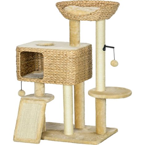 Arbre à chat avec griffoir niche panier d'observation plateformes pompon suspendus 60 x 40 x 98 cm beige