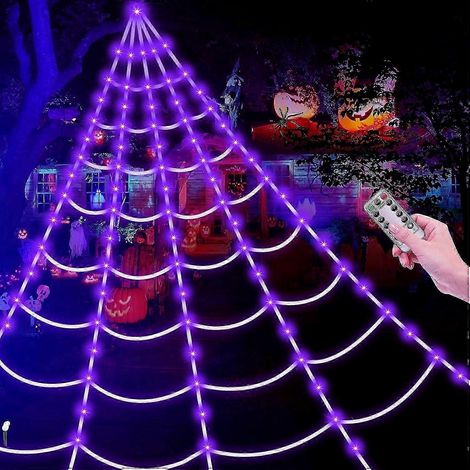 Décorations lumineuses d'Halloween en forme de toile d'araignée plus brillante, version améliorée 2023, 250 LED violettes, 8 modes d'éclairage, toile d'araignée géante de 5 m avec télécommande, décora (1/5)